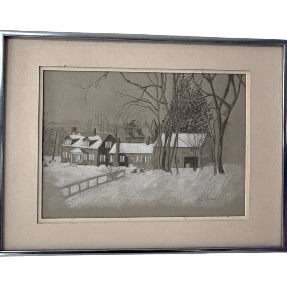 Framed Winter Landscape Drawing Signed By Artist La Rose 16"x12" W/Wire Backing